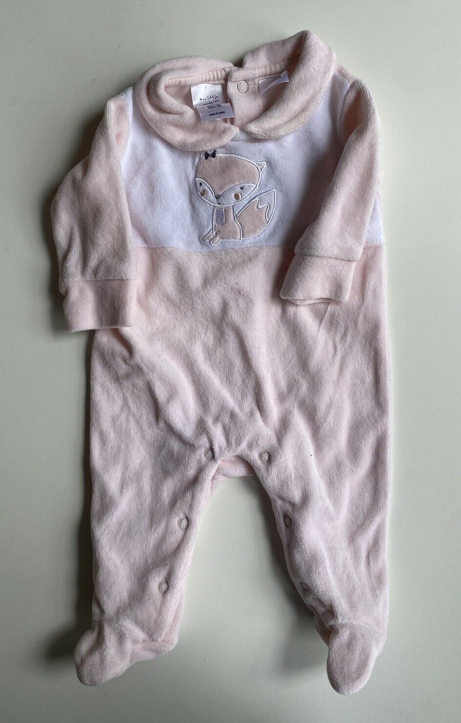 Tiny Little Wonders baby girl size 0-3 pink velour collared one-piece fox, VGUC