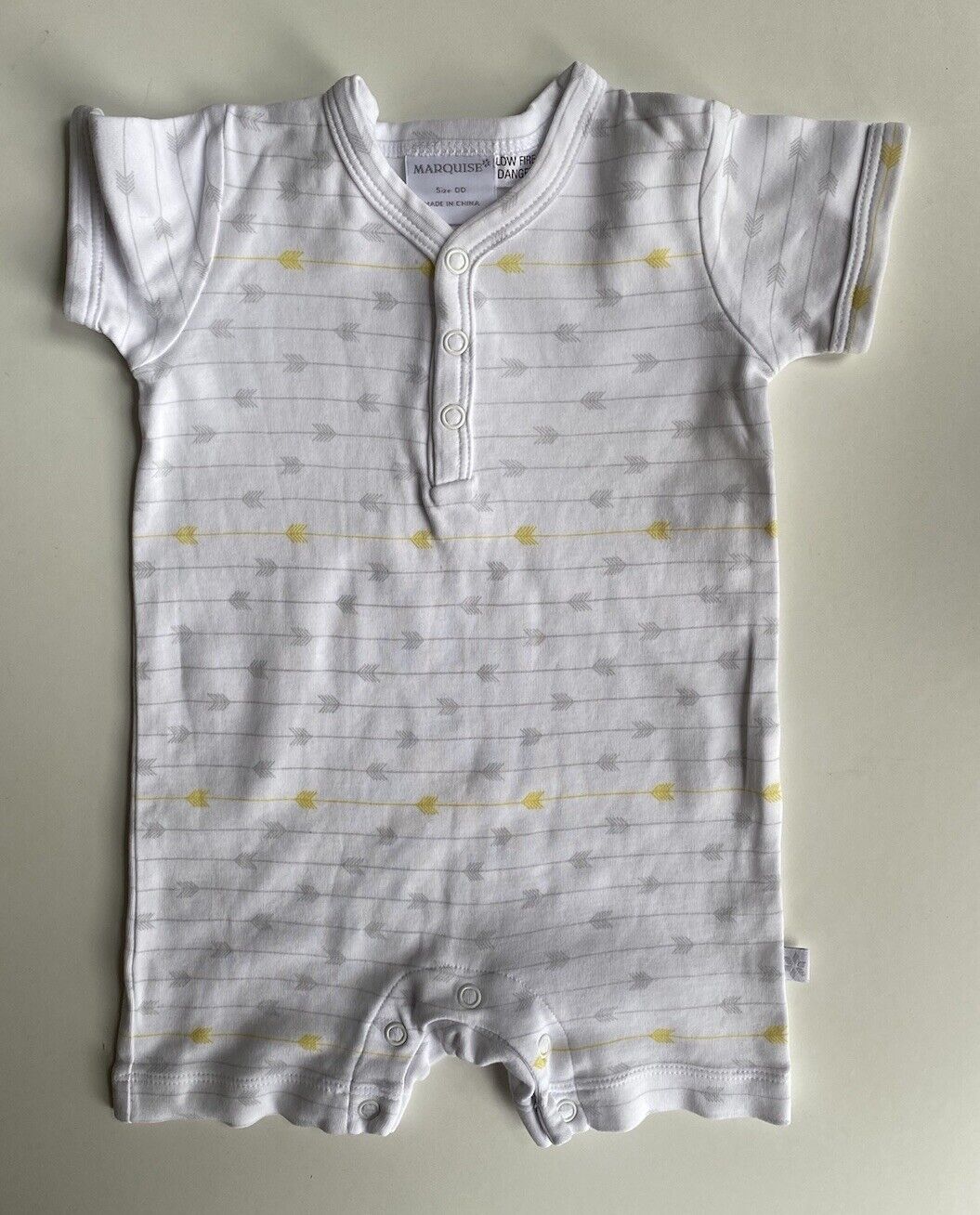 Marquise baby size 3-6 months white grey yellow arrows romper, VGUC