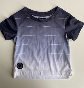 Indie Kids baby boy size 0-3 months grey white stripe short sleeve top, VGUC