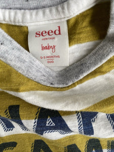 Seed baby size 0-3 months brown white stripe long sleeve top Happy Camper, VGUC