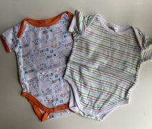 Load image into Gallery viewer, Target baby size 0-3 months x2 bodysuit tops white orange stripe animals, VGUC
