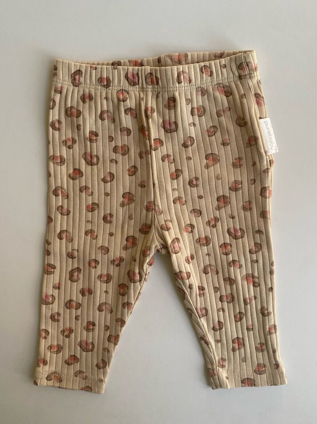 Purebaby baby girl 0-3 months brown ribbed leggings pants leopard print, VGUC