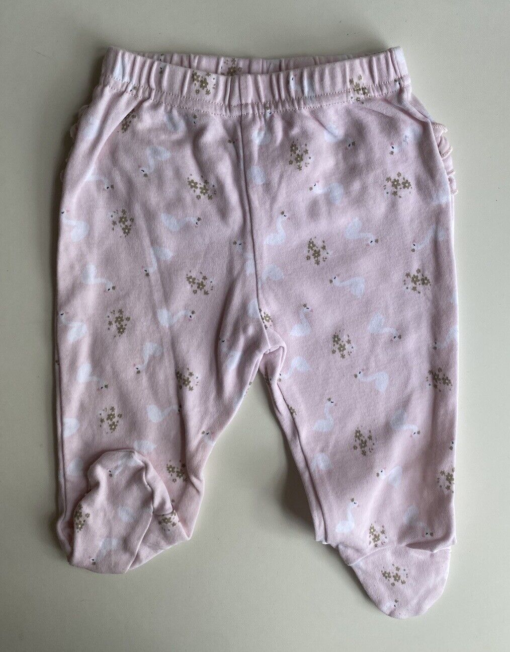 Ollie's Place baby girl size 0-3 months pink footed leggings swans, VGUC