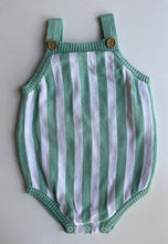 Load image into Gallery viewer, Miann &amp; Co. baby size 12-18 months green white stripe knit romper, GUC
