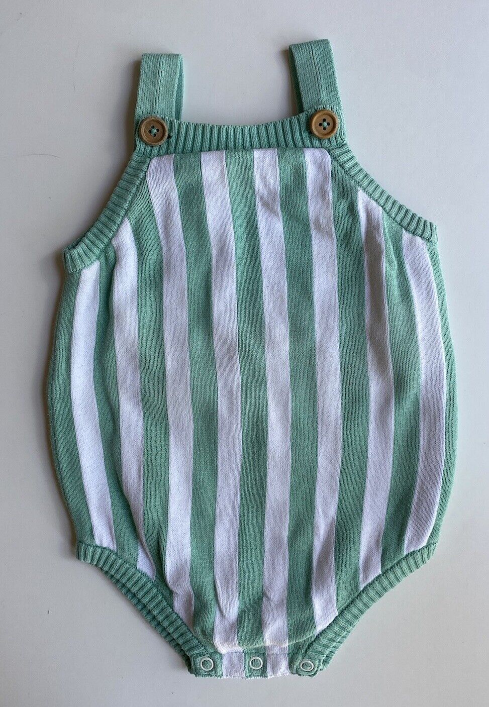 Miann & Co. baby size 12-18 months green white stripe knit romper, GUC