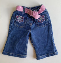 Load image into Gallery viewer, Target baby girl size 0-3 months blue denim jeans pants flowers belt, VGUC
