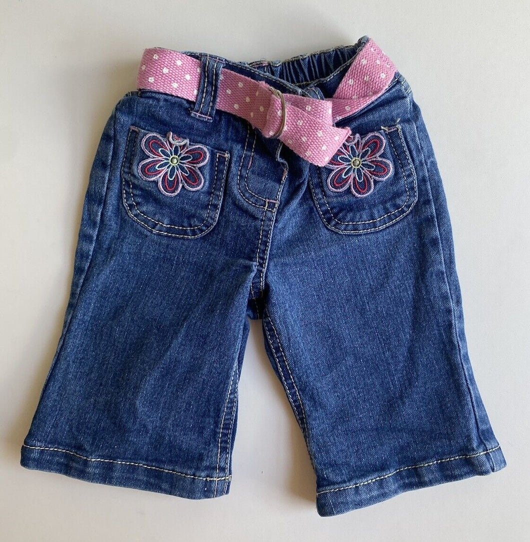 Target baby girl size 0-3 months blue denim jeans pants flowers belt, VGUC