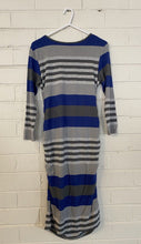 Load image into Gallery viewer, Ripe women&#39;s size S maternity grey blue stripe long sleeve fitted dress, VGUC
