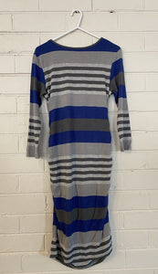 Ripe women's size S maternity grey blue stripe long sleeve fitted dress, VGUC