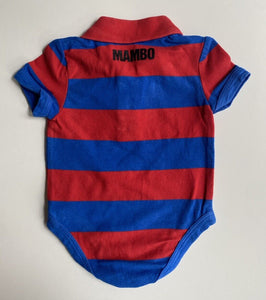 Mambo baby size 0-3 months red blue stripe collared bodysuit top dog, VGUC