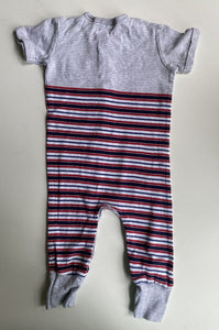 Bebe by Minihaha baby size 6-9 months grey blue red stripe one-piece, VGUC