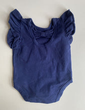 Load image into Gallery viewer, Ollie&#39;s Place baby girl size 0-3 months navy blue frill sleeve bodysuit bow VGUC
