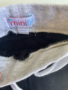 Minifin baby size 0-3 months black grey drawstring track pants bear face, VGUC