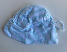 Load image into Gallery viewer, Korango baby size 0-3 months pale blue white stripe sun hat strap, VGUC
