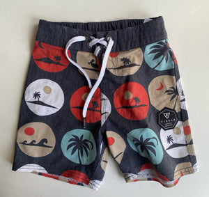 Vissla kids boys size 4 grey red patterned surf swim shorts, VGUC