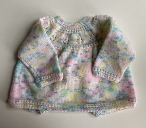 Handmade baby girl size approx. 3-6 months pink speckled knitted cardigan, VGUC