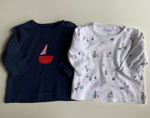 Load image into Gallery viewer, Next baby size 0-3 months x2 long sleeve t-shirts blue white boats ocean, VGUC
