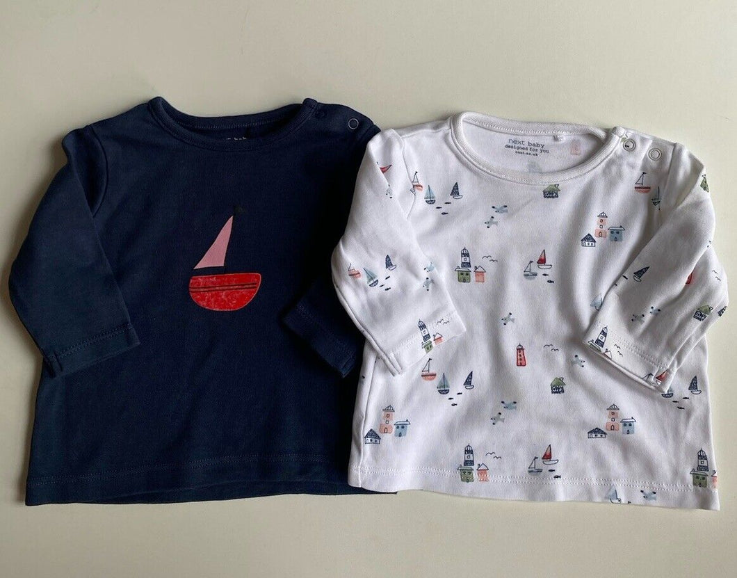 Next baby size 0-3 months x2 long sleeve t-shirts blue white boats ocean, VGUC