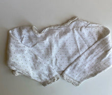 Load image into Gallery viewer, Origami baby girl size 12-18 months white gold spot knit bolero cardigan, VGUC
