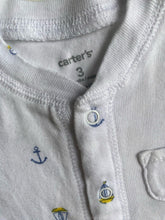 Load image into Gallery viewer, Carter&#39;s baby size 0-3 months white blue nautical button up one-piece, VGUC
