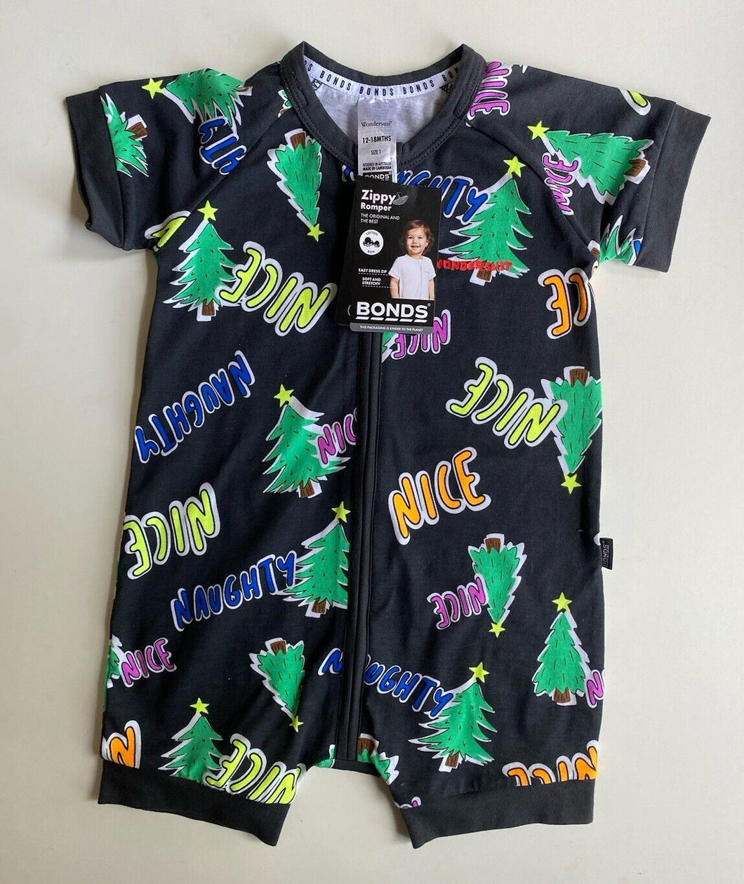 Bonds baby size 12-18 months zippy wondersuit black Christmas trees, BNWT