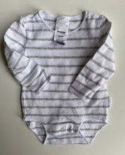 Load image into Gallery viewer, Bonds baby size newborn grey white stripe bodysuit top, VGUC
