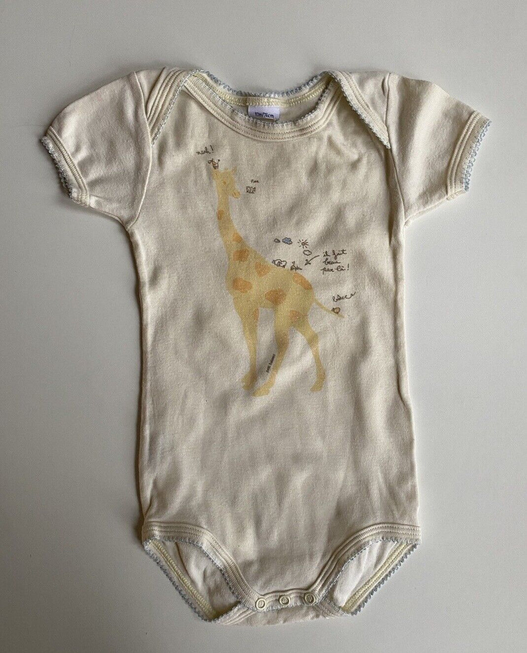 Petit Bateau baby size 9-12 month pale yellow short sleeve bodysuit giraffe VGUC
