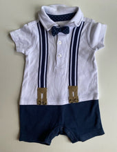 Load image into Gallery viewer, Target baby boy size 3-6 months white blue one-piece collar suspenders, VGUC
