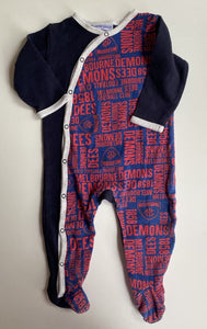 AFL Melbourne Demons baby size 6-12 months navy blue red one-piece, VGUC