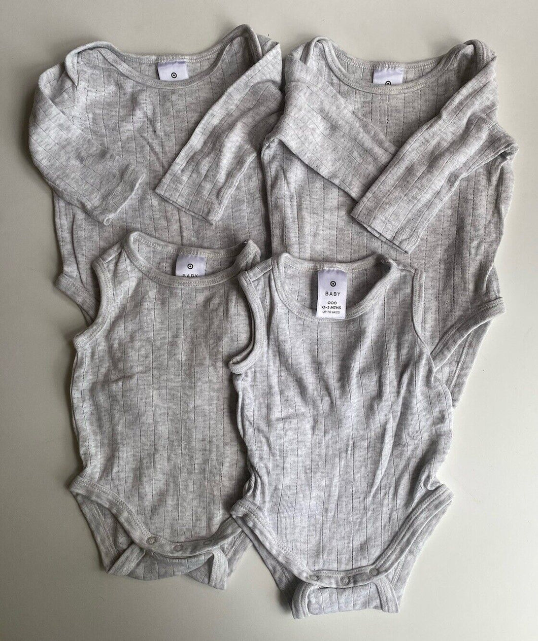 Target baby size 0-3 months x4 grey bodysuit tops tanks long sleeve, VGUC