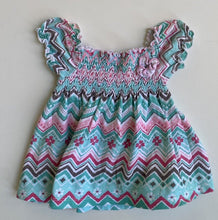 Load image into Gallery viewer, Target baby girl size 0-3 months green pink zig zag smocked dress, VGUC
