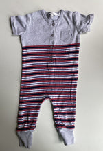 Load image into Gallery viewer, Bebe by Minihaha baby size 6-9 months grey blue red stripe one-piece, VGUC
