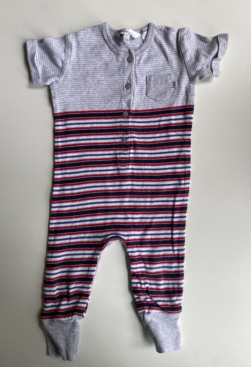 Bebe by Minihaha baby size 6-9 months grey blue red stripe one-piece, VGUC