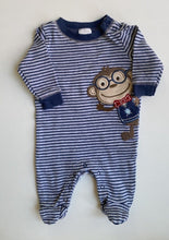 Load image into Gallery viewer, Babies R Us baby size newborn grey blue stripe one-piece monkey, VGUC
