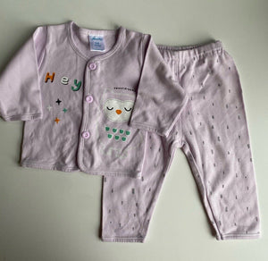 Anakku baby girl size 0-6 months purple leggings button up top owl, VGUC