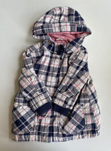 Load image into Gallery viewer, Target baby girl size 12-18 months pink blue check hooded button up jacket, VGUC
