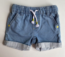 Load image into Gallery viewer, Sprout baby size 0-3 months blue denim drawstring shorts pockets, VGUC
