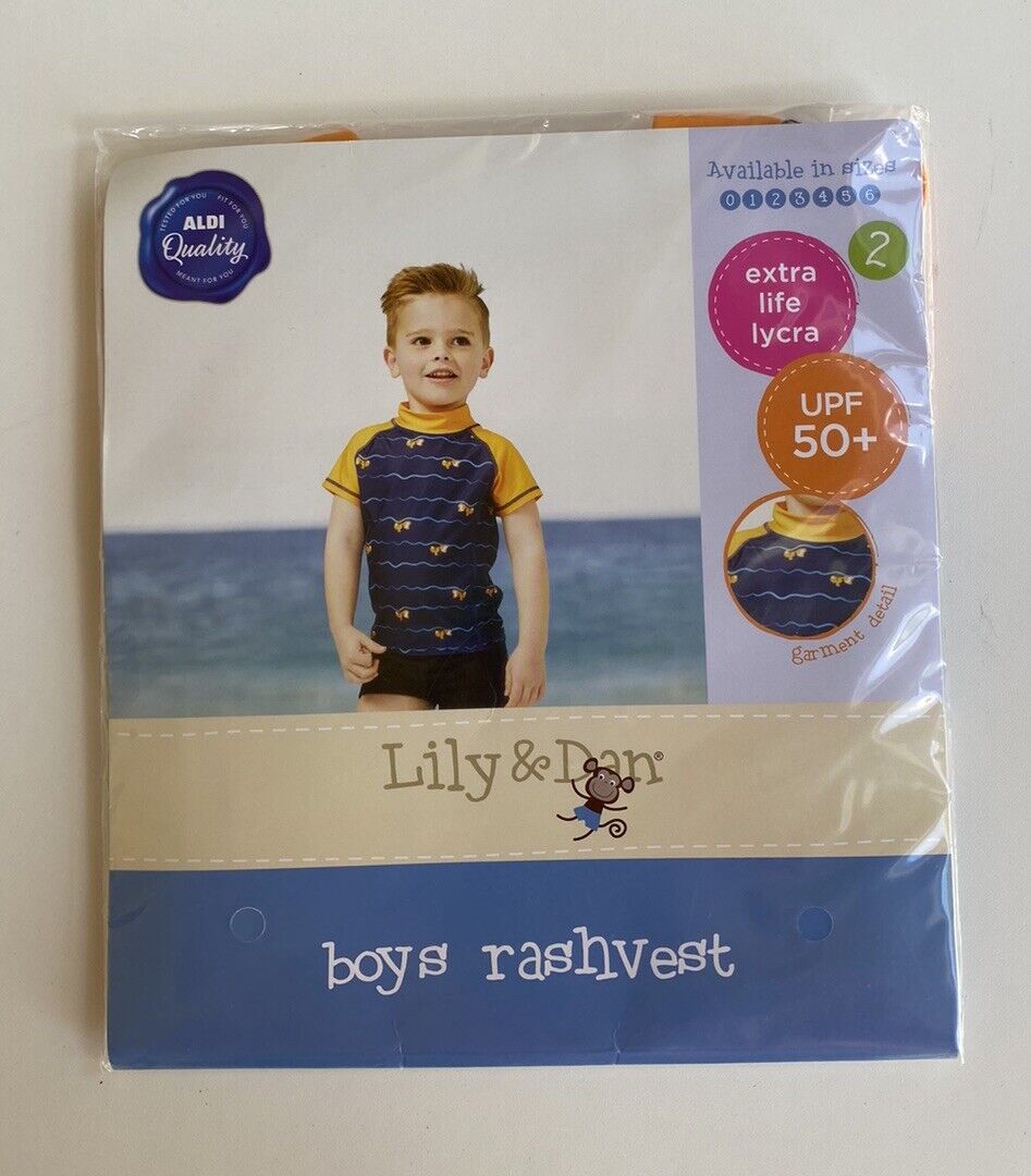 Lily & Dan kids boys toddler size 2 blue orange rash vest fish swim, BNWT