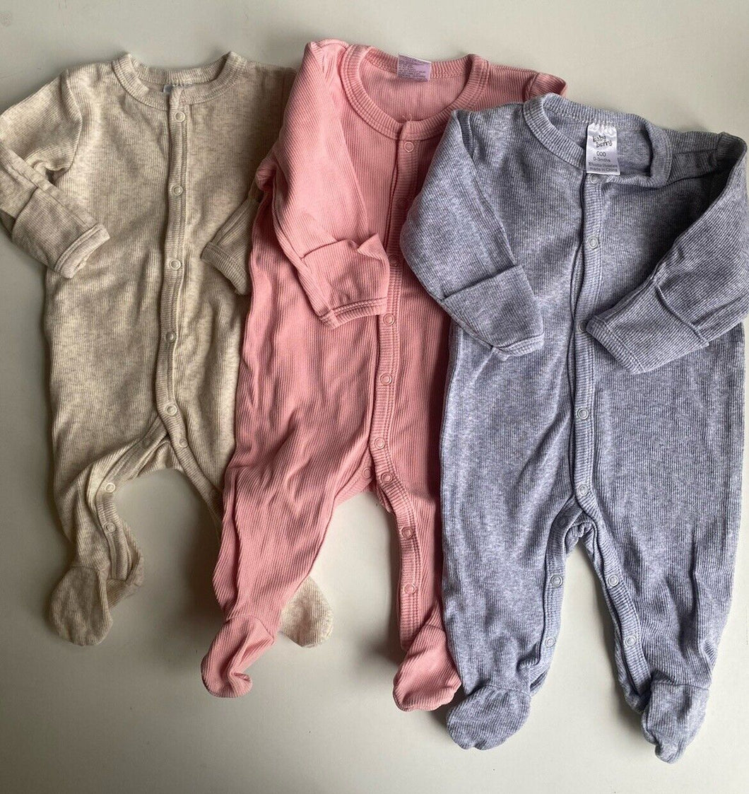 Baby Berry baby girl size 0-3 months x3 ribbed one-piece pink grey bundle, VGUC