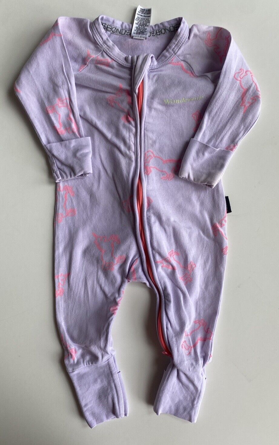 Bonds baby girl size 0-3 months zippy wondersuit purple pink unicorns, GUC