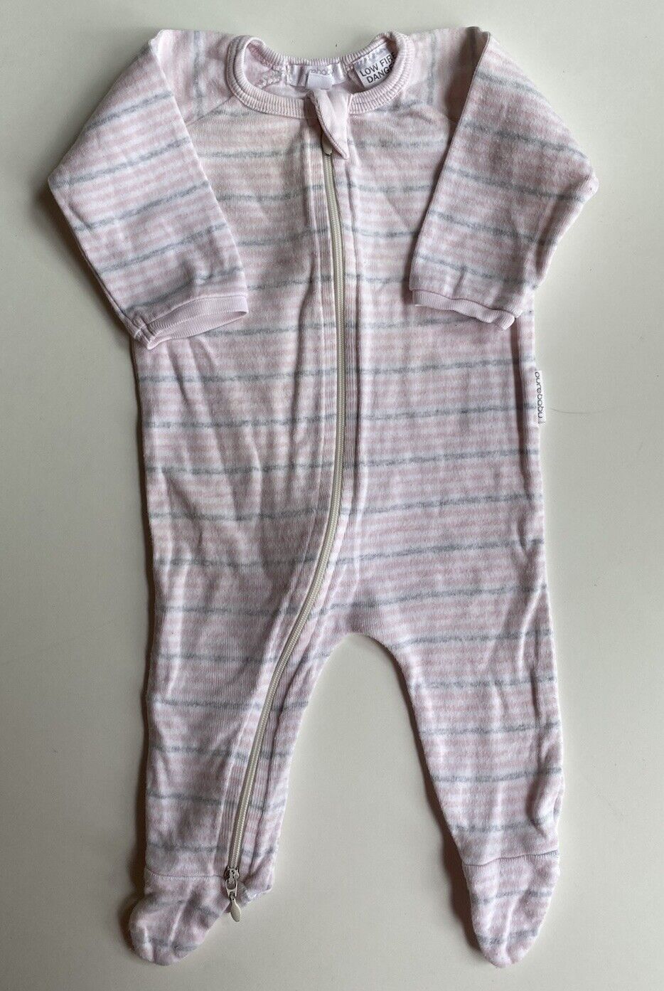 Purebaby baby girl size 0-3 months pink grey stripe one-piece growsuit, VGUC