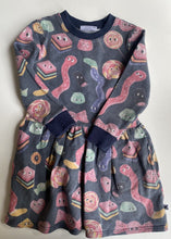 Load image into Gallery viewer, Minti kids girls size 6 blue jumper dress colourful lollies, GUC
