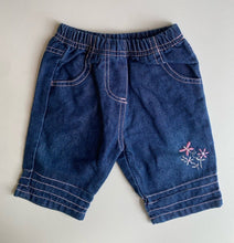 Load image into Gallery viewer, Target baby girl size 0-3 months blue denim glitter pants flowers, VGUC
