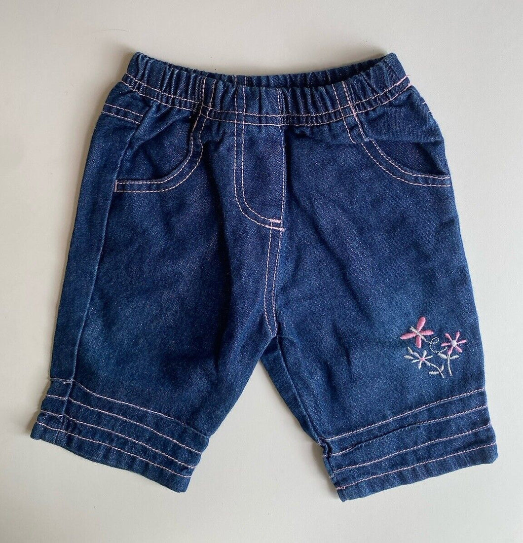 Target baby girl size 0-3 months blue denim glitter pants flowers, VGUC