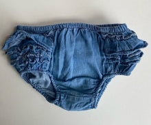 Load image into Gallery viewer, Jack &amp; Milly baby girl size 12-18 months blue chambre denim ruffle bloomers VGUC
