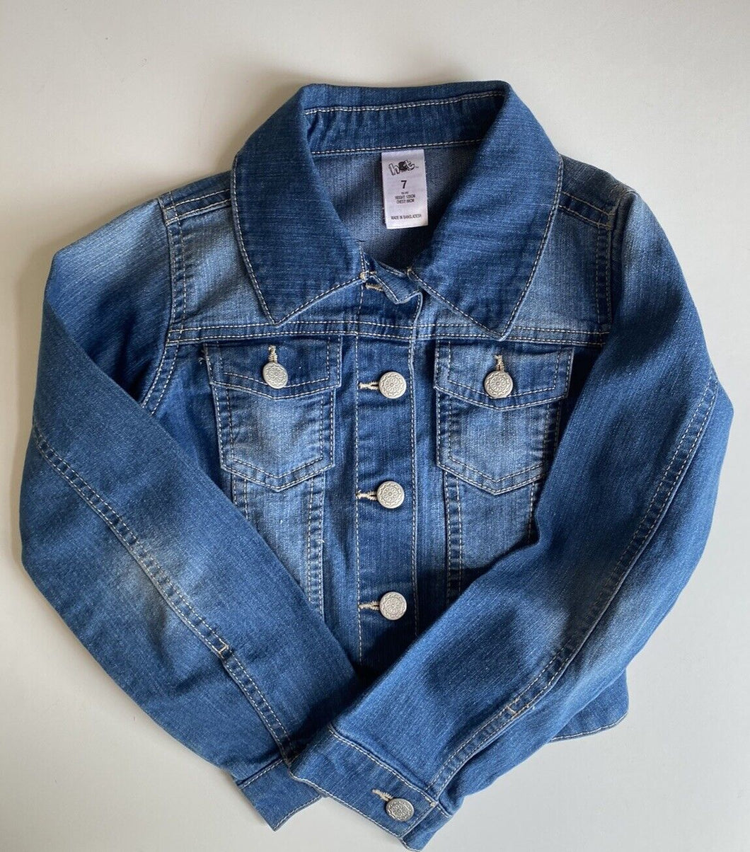 H&T kids size 7 blue denim button up jacket, VGUC