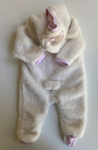 Tiny Little Wonders baby size 0-3 month white fluffy hooded sheep one-piece VGUC