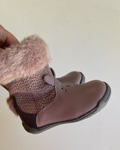 Load image into Gallery viewer, Clarks kids girls size UK 4/EUR 20 purple boots bunnies fluffy, EUC
