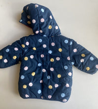 Load image into Gallery viewer, Sprout baby girl size 3-6 months navy blue spotted hooded puffer jacket, VGUC
