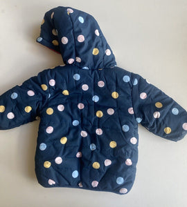 Sprout baby girl size 3-6 months navy blue spotted hooded puffer jacket, VGUC